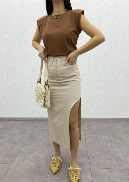 Long Denim Skirt with Side Deep Slit Detail - ET00004