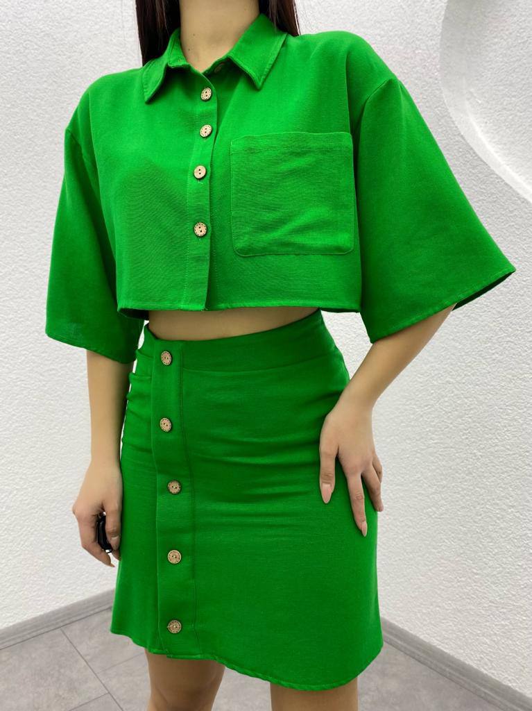 Linen Skirt and Shirt Button Detail Shirt Skirt Set - TK00010