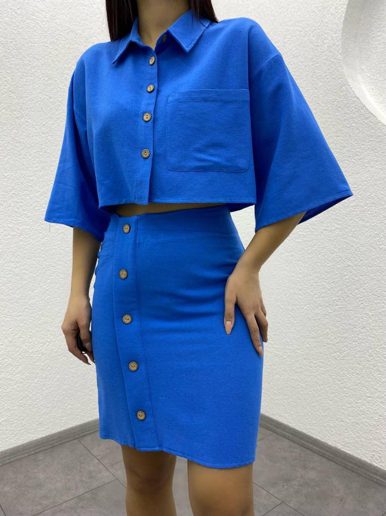 Linen Skirt and Shirt Button Detail Shirt Skirt Set - TK00010