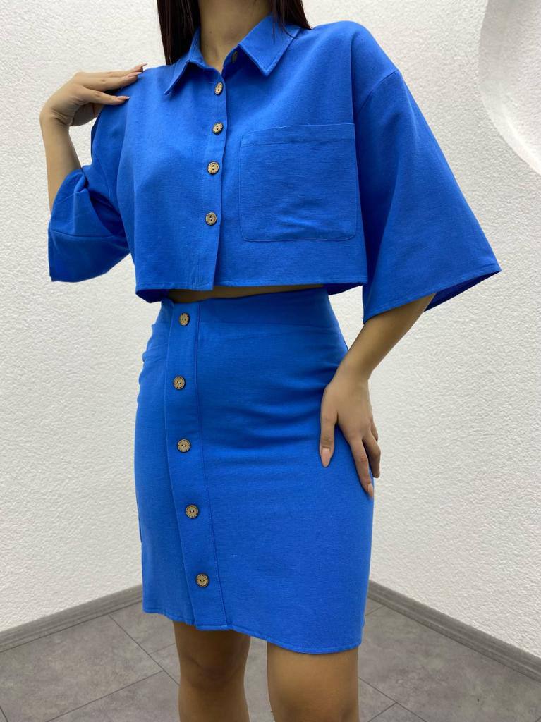 Linen Skirt and Shirt Button Detail Shirt Skirt Set - TK00010