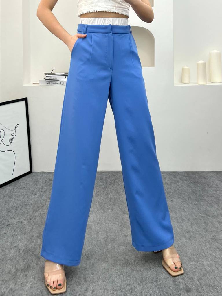 Women's Cream Folded Belt Wide Leg Pant - P00027