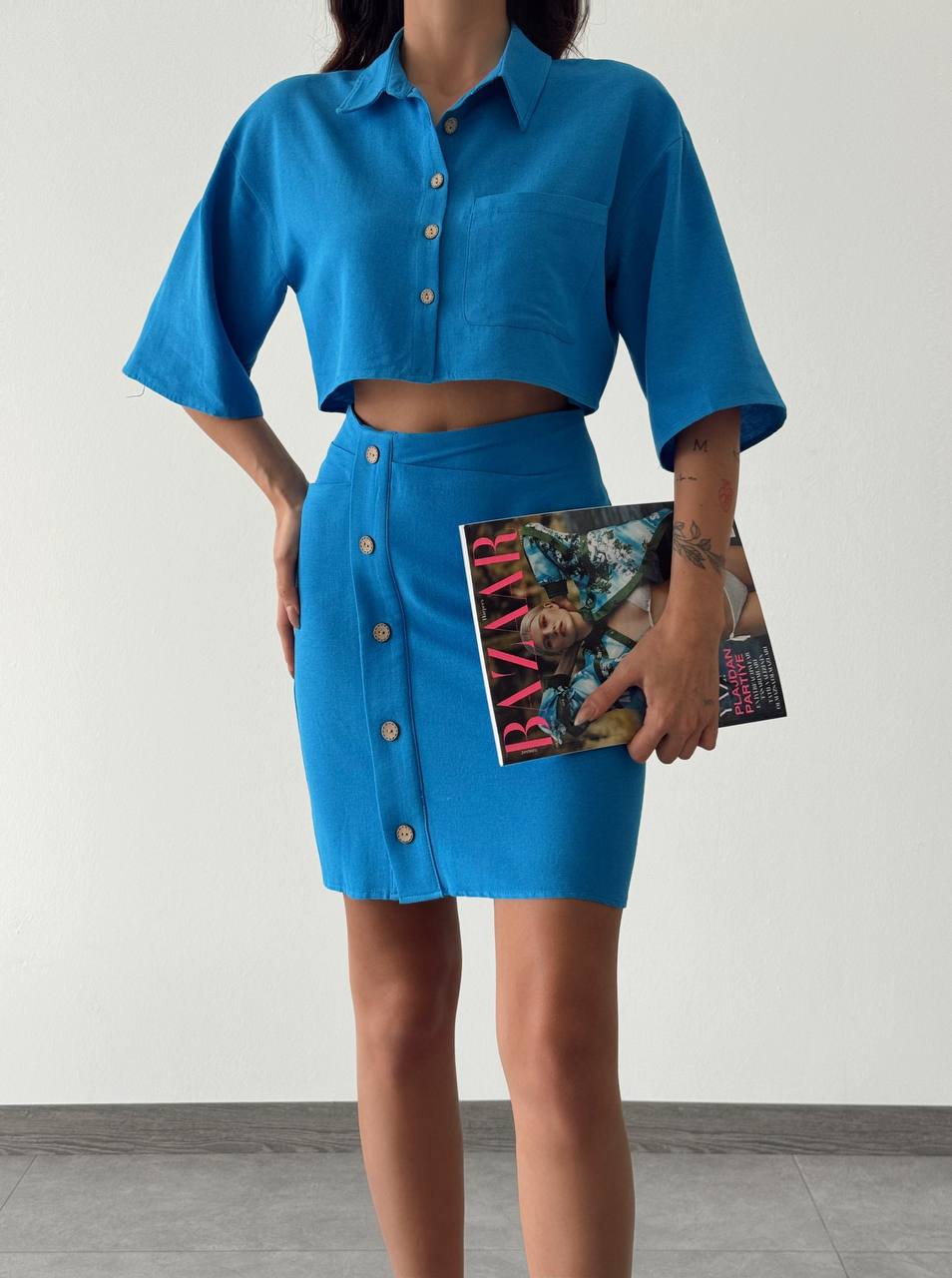 Linen Skirt and Shirt Button Detail Shirt Skirt Set - TK00010