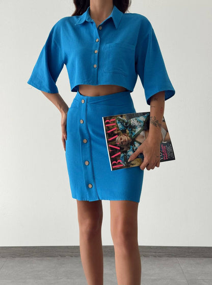 Linen Skirt and Shirt Button Detail Shirt Skirt Set - TK00010