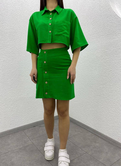 Linen Skirt and Shirt Button Detail Shirt Skirt Set - TK00010