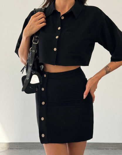Linen Skirt and Shirt Button Detail Shirt Skirt Set - TK00010