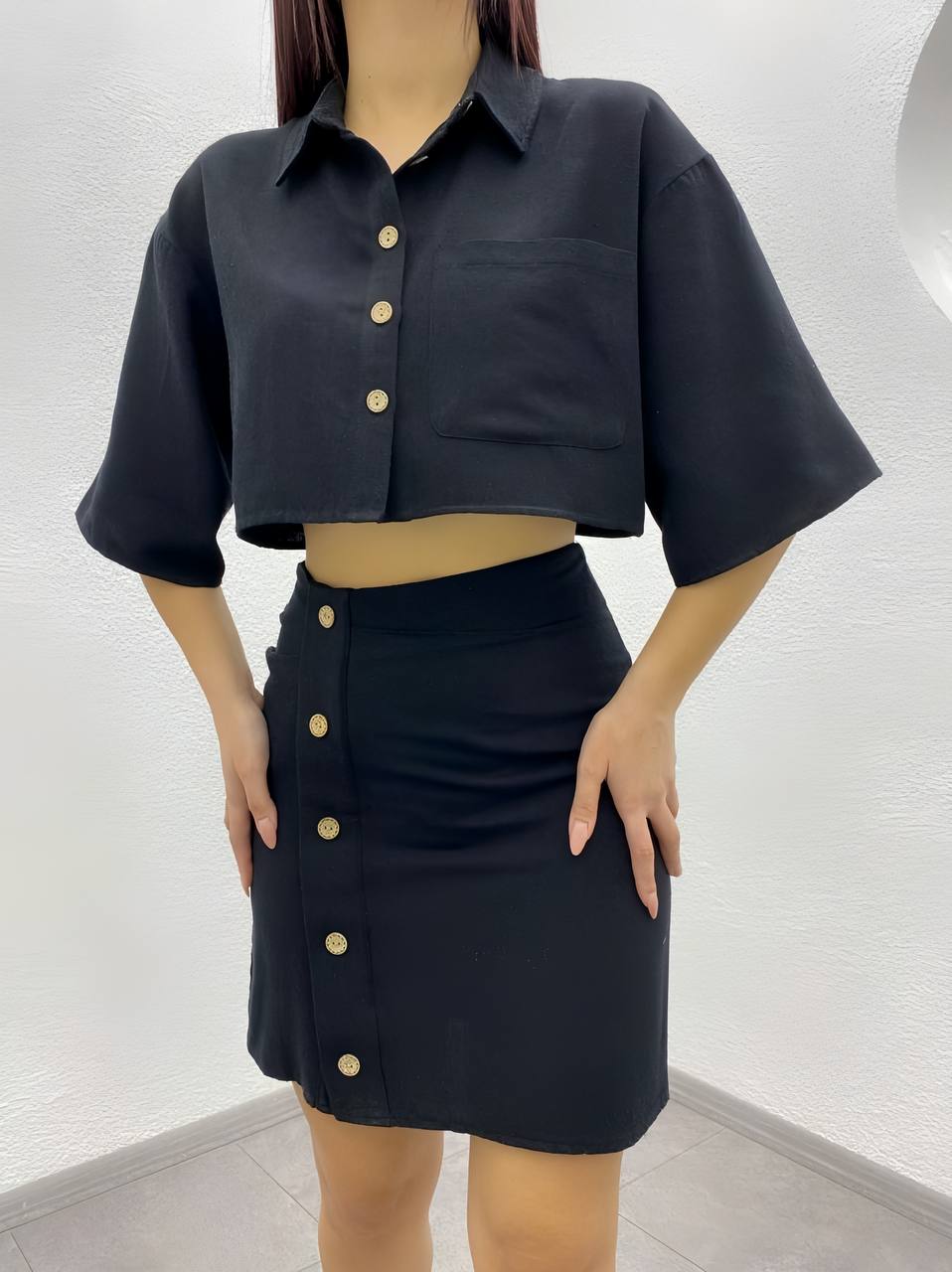 Linen Skirt and Shirt Button Detail Shirt Skirt Set - TK00010