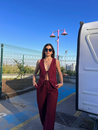 Chic Linen Two-Piece Set – Brown & Burgundy - TK00086