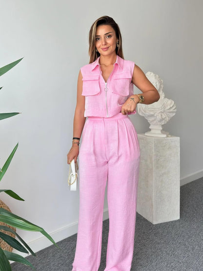 Elegant 2-Piece Women's Set – Sleeveless Zip Top & Wide-Leg Pants | Lightweight & Stylish - TK00084