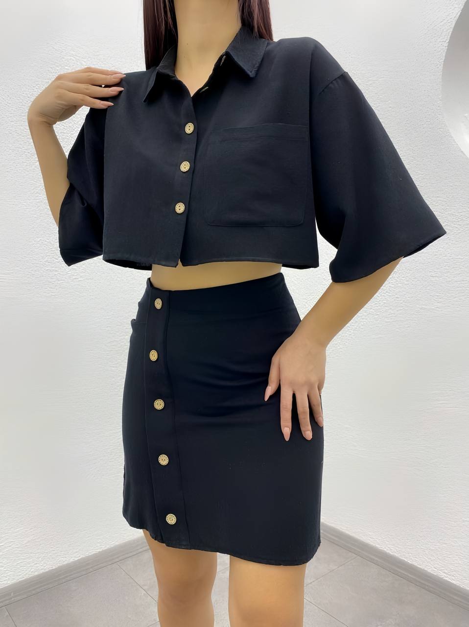Linen Skirt and Shirt Button Detail Shirt Skirt Set - TK00010