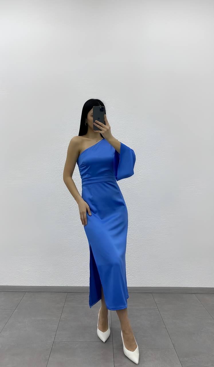 Women's one shoulder long satin dress - 00001