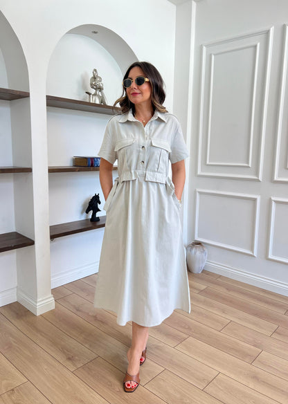 Belted Linen Cargo Pocket Midi Dress - 00158