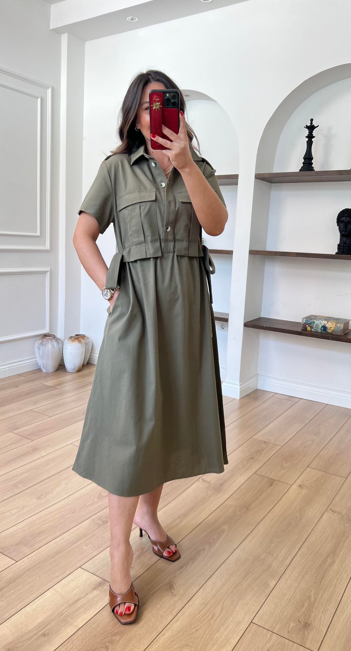 Belted Linen Cargo Pocket Midi Dress - 00158