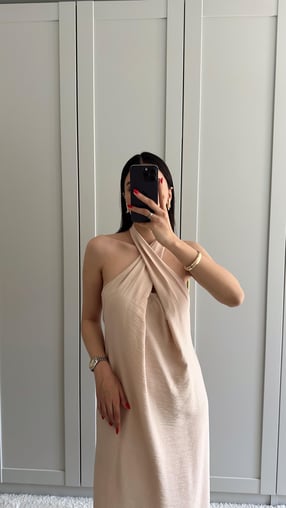 Cream Long Dress with Cross Neck Detail - 00092