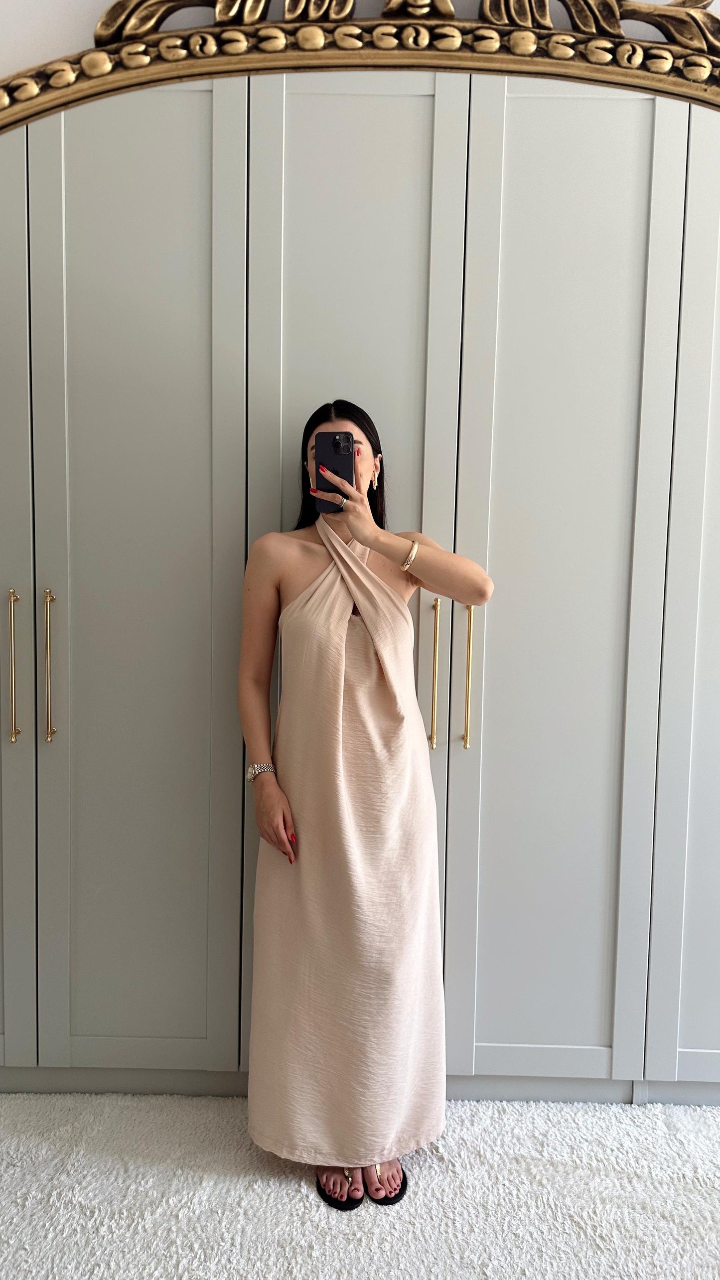 Cream Long Dress with Cross Neck Detail - 00092