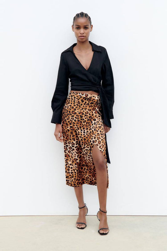 Satin Leopard Midi Skirt - ET00022