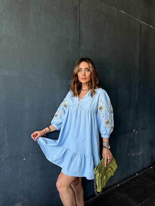 Blue Linen Dress with Embroidered Sleeves - 00077