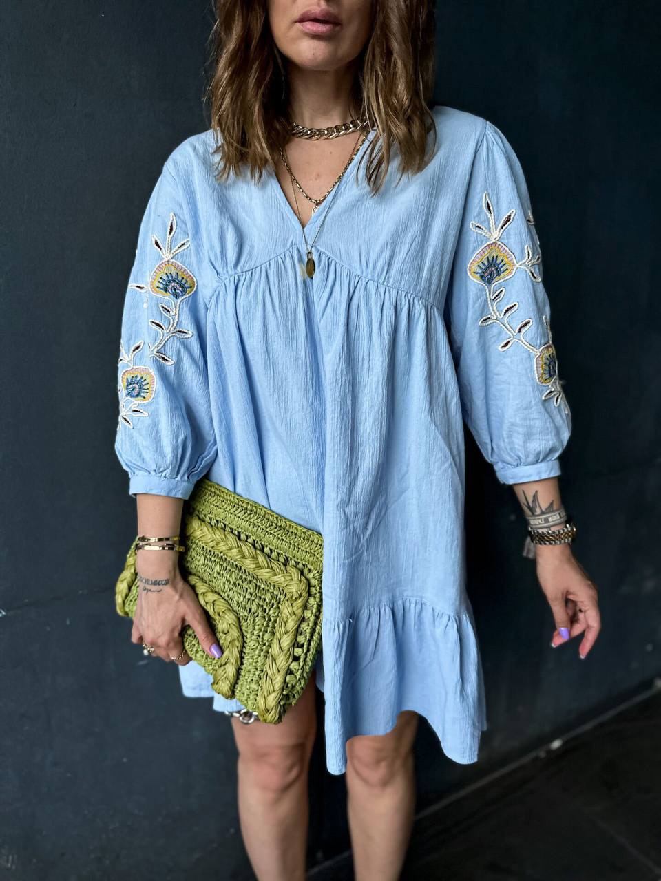 Blue Linen Dress with Embroidered Sleeves - 00077