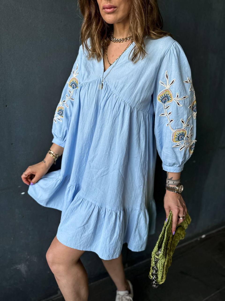 Blue Linen Dress with Embroidered Sleeves - 00077