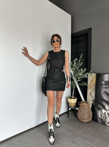 Anthracite Window Detailed Denim Dress - 00108