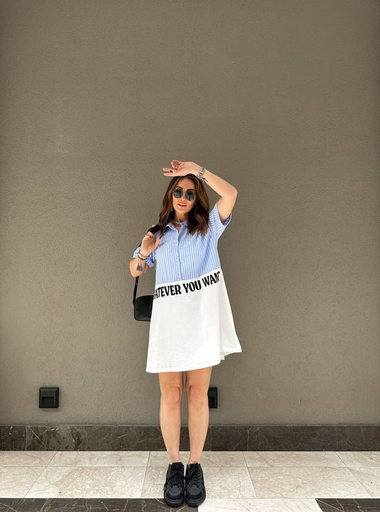 Slogan Printed Shirt Dress - 00114