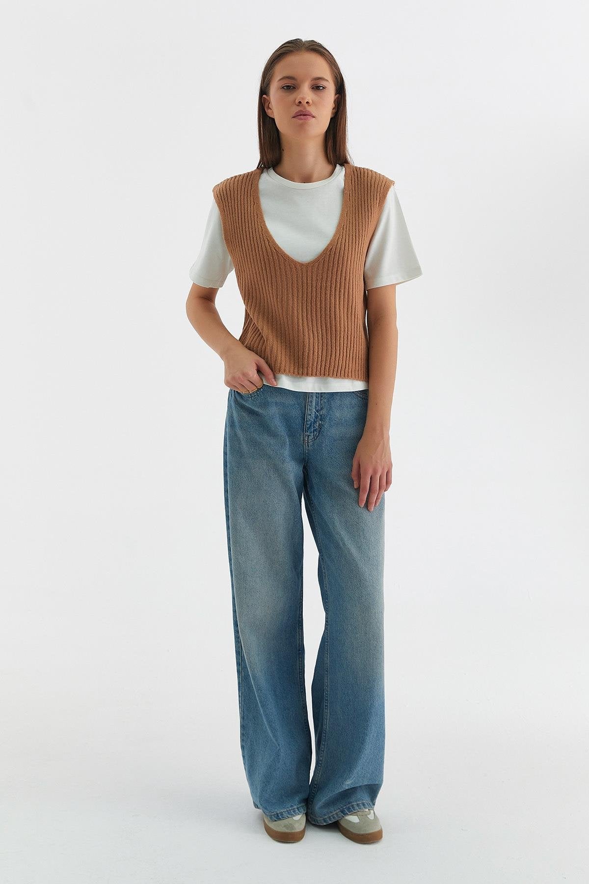 Regular Fit V Neck Basic Plain Ribbed Knit Swea - BL00019