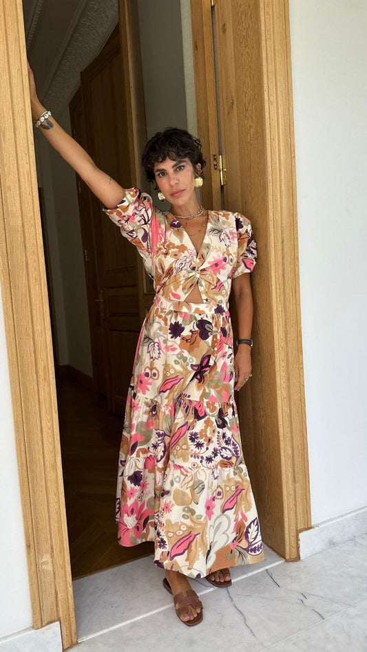 Floral Patterned Window Detail Dress - 00120