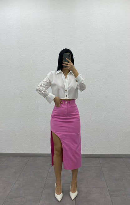 Cropped shirt with patterned sleeves - G00026