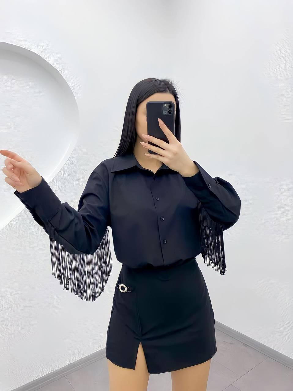 BLACK SHIRT WITH TASSELS - G00036