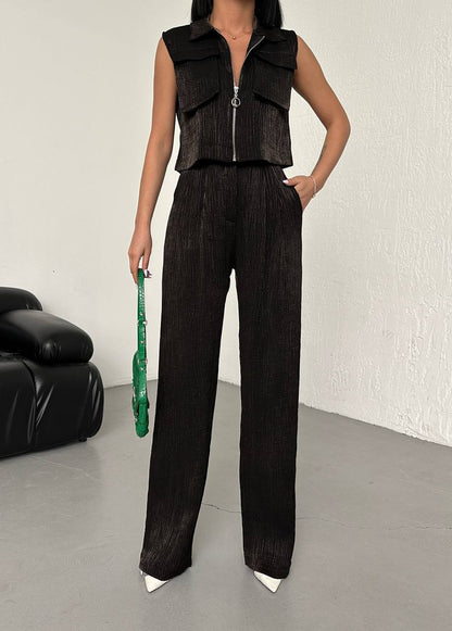 Elegant 2-Piece Women's Set – Sleeveless Zip Top & Wide-Leg Pants | Lightweight & Stylish - TK00084