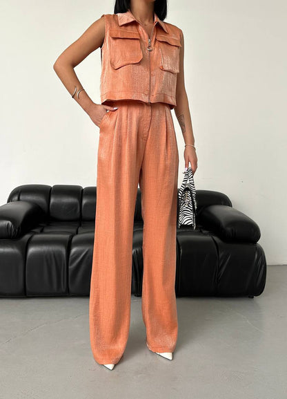 Elegant 2-Piece Women's Set – Sleeveless Zip Top & Wide-Leg Pants | Lightweight & Stylish - TK00084