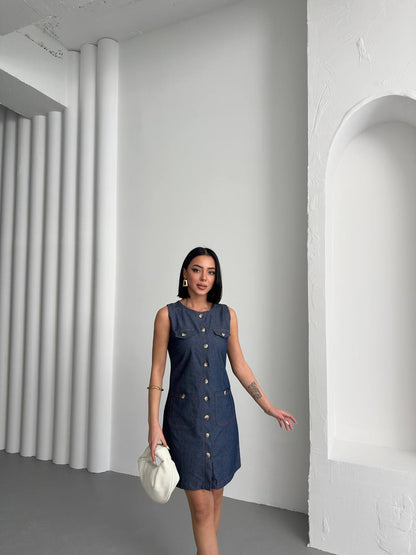Sleeveless Button-Down Denim Dress - 00136