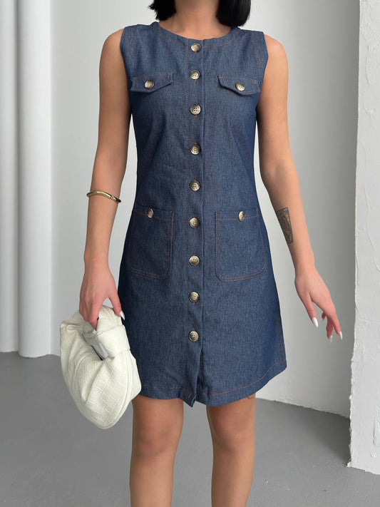 Sleeveless Button-Down Denim Dress - 00136