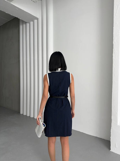 Sleeveless Pinstripe Shirt Dress with Belt – 00138