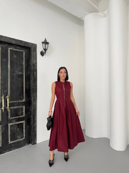 Sleeveless A-Line Midi Dress with Front Zipper
