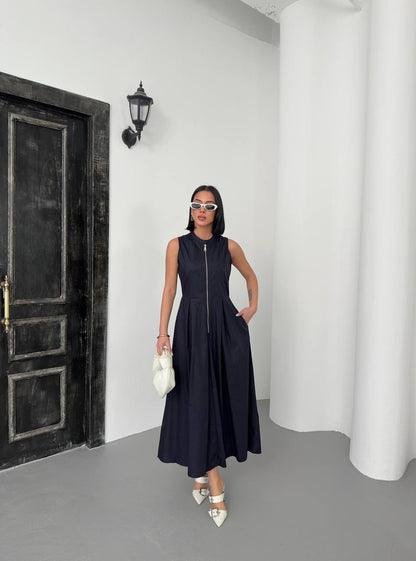 Sleeveless A-Line Midi Dress with Front Zipper