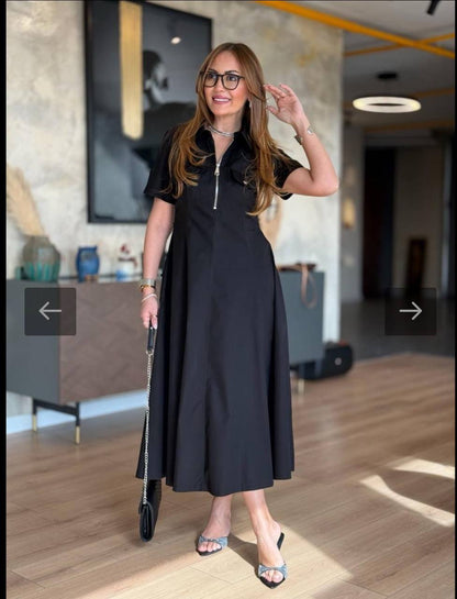 Elegant Zip-Front Midi Shirt Dress - 00140