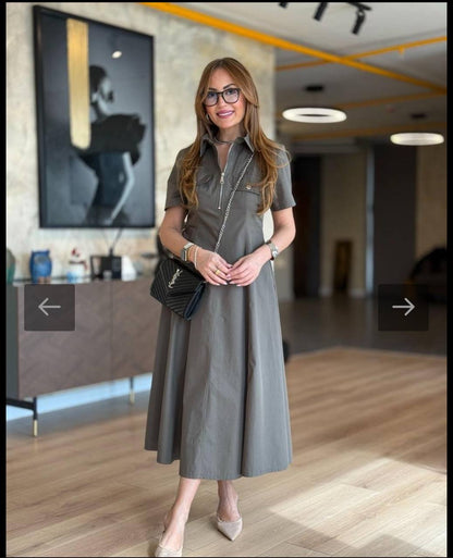 Elegant Zip-Front Midi Shirt Dress - 00140