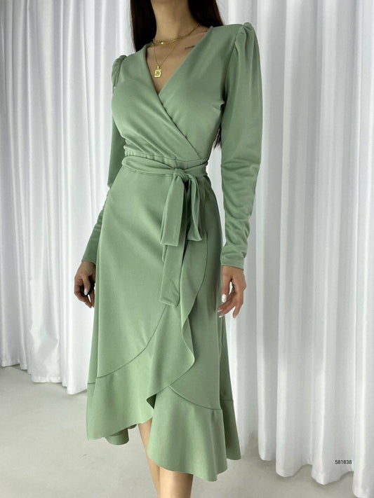 Crepe Fabric Midi Length Belted Long Sleeve Dress - 00023