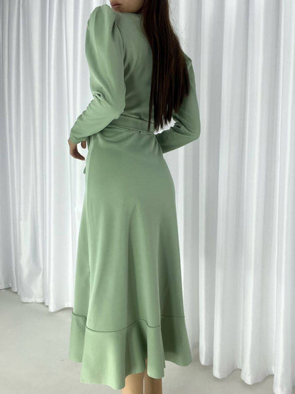 Crepe Fabric Midi Length Belted Long Sleeve Dress - 00023