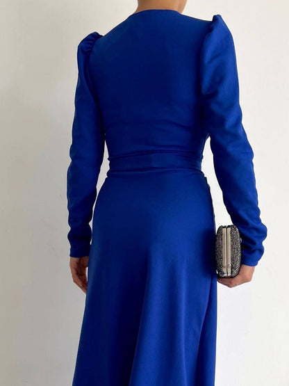 Crepe Fabric Midi Length Belted Long Sleeve Dress - 00023