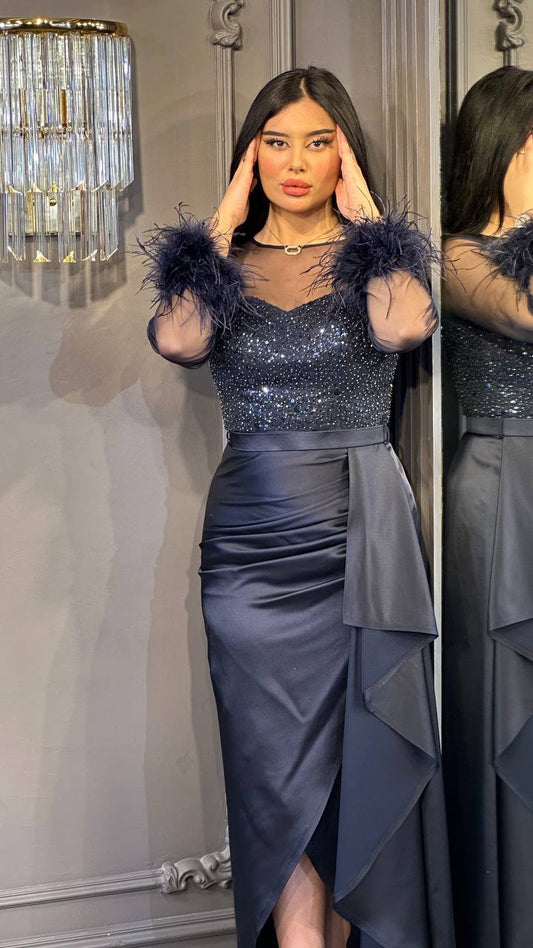 Elegant Dress with Feathered Sleeves and Sparkling Bodice - 00034