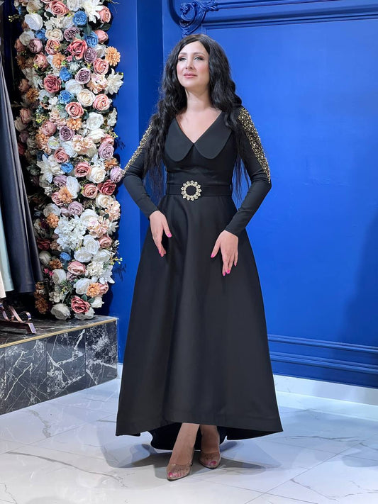 Chic Black Dress with Embellished Sleeves and Elegant Belt - 00036