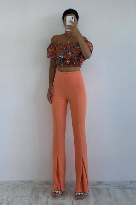 High Waist Front Stitched Slit Spanish Leg Lycra Fabric Pant - P00042
