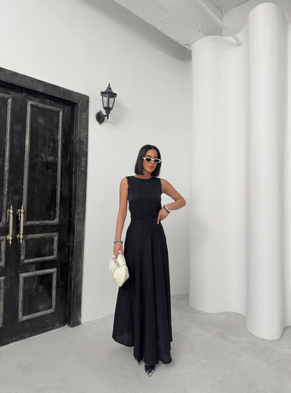 Lurex Modal Fabric Zero Sleeve Round Neck Crop Blouse Flared Skirt Double Suit - TK00049