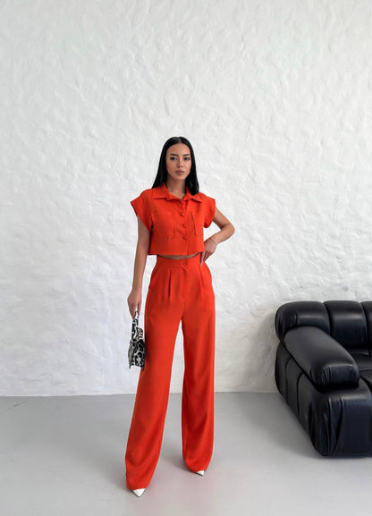 WOMEN'S BUTTON DETAIL CAPED TROUSERS SUIT - TK00051