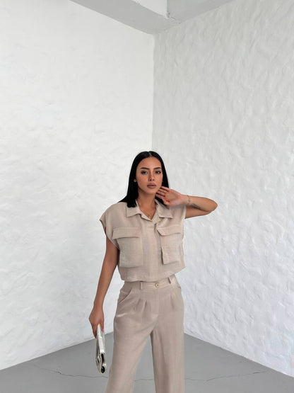 shiny suit with pocket detail-shirt-trousers - TK00054