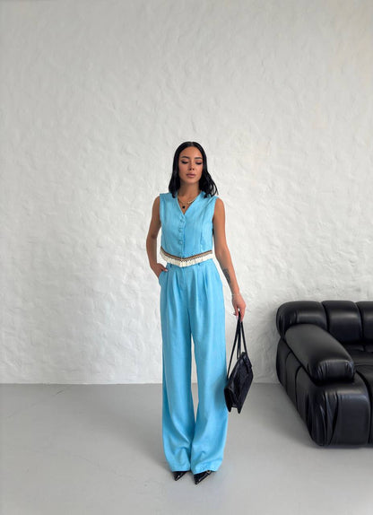 Women's Vest Tassel Detailed Linen Double Suit - TK00055