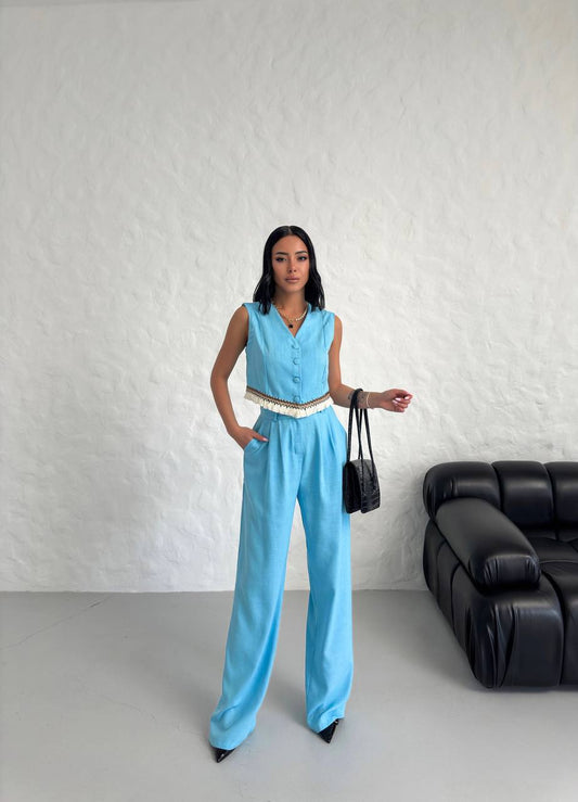 Women's Vest Tassel Detailed Linen Double Suit - TK00055