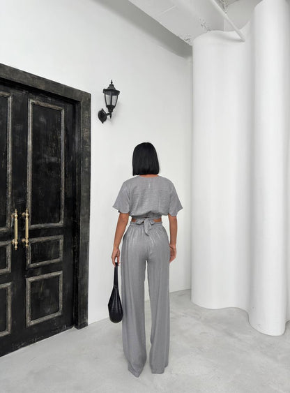 Shiny Fabric Crop Trousers Set with Back Tie - TK00056