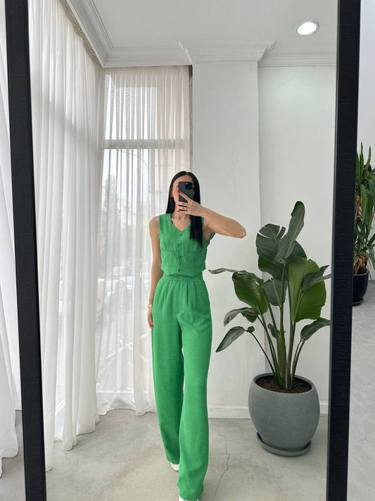 Women Sleeveless Top Long Pants Set Button Closure Wide Leg Summer Sleeveless 2 Piece Outfit Soft Polyester V Neck Casual Outing Outfits - TK00061